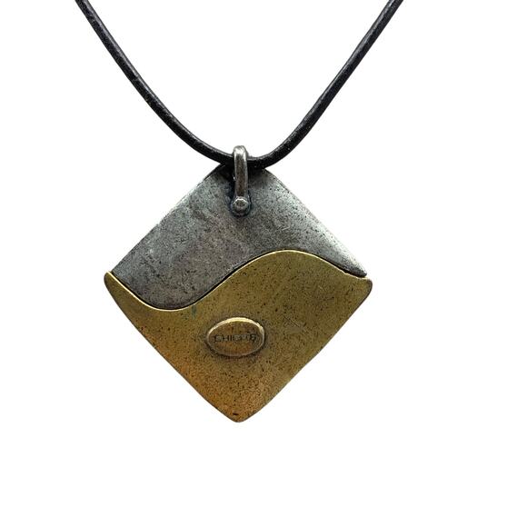 Chicos Choker Pendant Necklace Aztec Design Metal Silver Gold Tone Black Leather - Picture 4 of 8